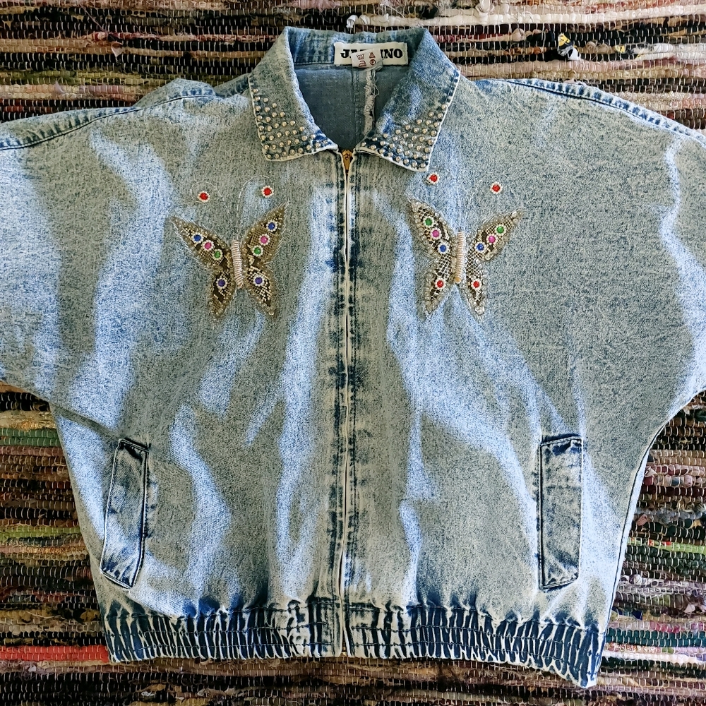 Vintage 80s Jazzino Acid Wash Butterfly Beaded Studded Collar Denim Jean Jacket - Picture 10 of 15
